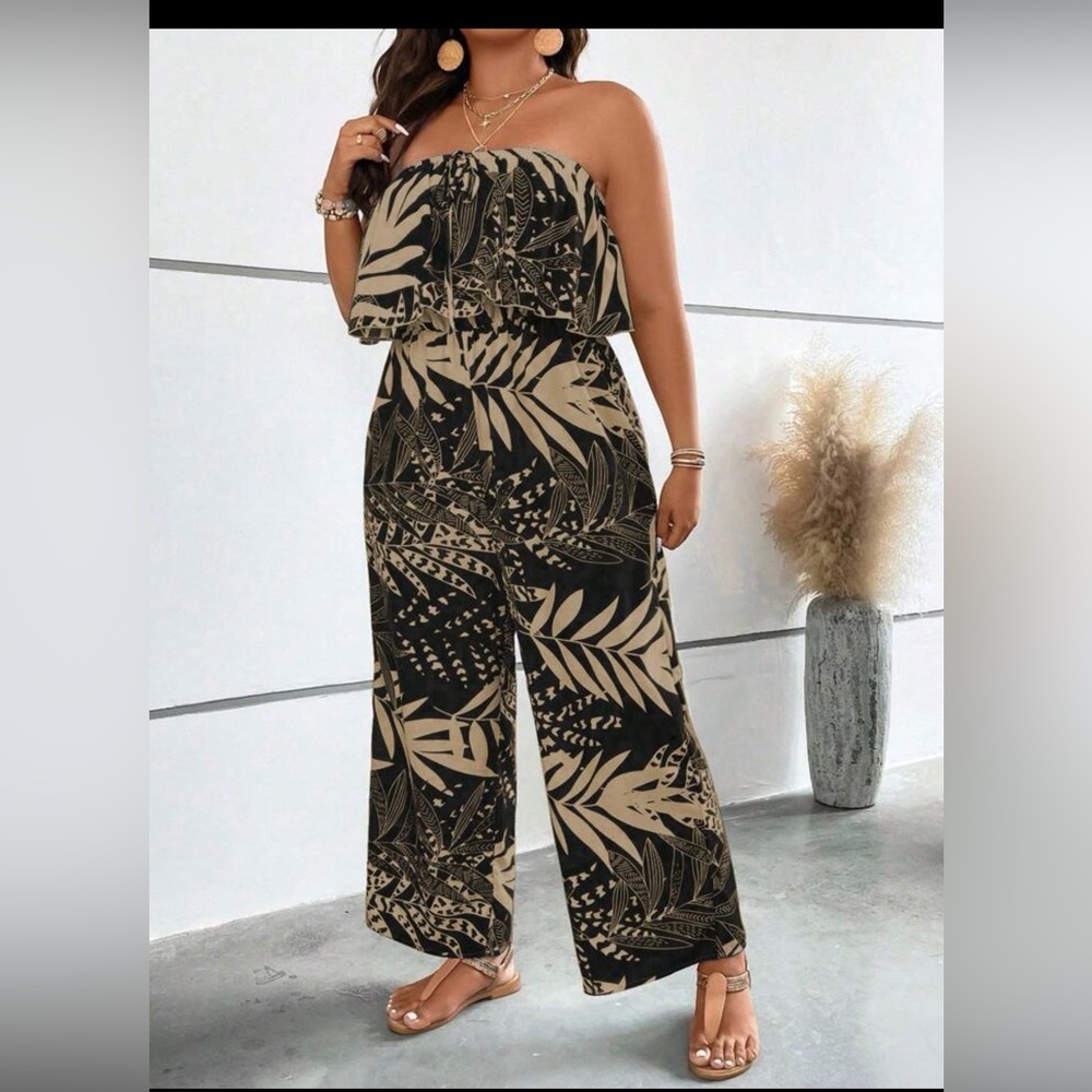 SHEIN Black and Tan Leaf Print Jumpsuit
